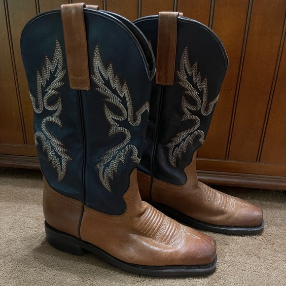 SIZE 8 VTG WOMENS MASTERSON BOOT CO COWBOY NAVY AND BROWN BOOTS SQ TOE - Picture 1 of 11